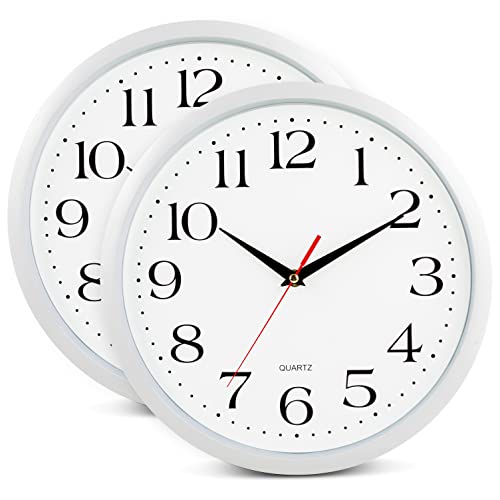 Bernhard Products White Wall Clocks, 2 Pack Silent Non Ticking - 12 Inch Quality Quartz Battery Operated Round Easy to Read Home/Office/Classroom/Business/Kitchen/School Clock - color: White, size: 12 Inch - 2 Clocks