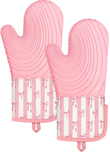 Slohif Long Silicone Oven Mitts Heat Resistant for Women - 2 Pcs Pink Bow 100% Cotton Oven Gloves, Non-Slip and Waterproof Silicone Oven Mitts with Hanger for Baking and Cooking - color: Pink