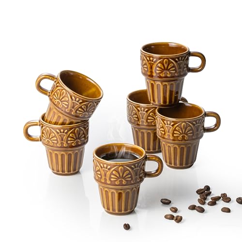 Ceramic Coffee Mug, Stackable Mug 3.3 OZ Coffee Mugs, Espresso Cups, Mugs Set of 6 for Latte Milk Hot Chocolate, for Men Women Kids, Ideal for Home Restaurant Daily Use & Holiday Gifting, Brown - color: Brown, size: 3.3 OZ-set of 6