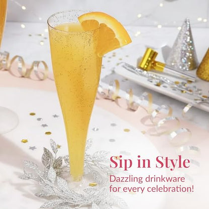 Prestee 24 Plastic Champagne Flutes - Gold Champagne Flutes Plastic - Gold Disposable Mimosa Flute - Party Supplies - Disposable Cocktail Glasses - Mimosa Bar, Wedding, Shower Party - color: Gold Glitter, size: 24 Count (Pack of 1)
