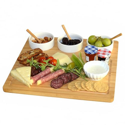 Picnic at Ascot Bamboo Cheese Board/Charcuterie Platter - Includes 3 Ceramic Bowls with Bamboo Spoons & Cheese Markers -13"x 13"- Designed and Quality Checked in the USA