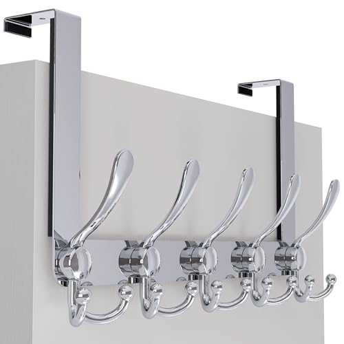 SKOLOO Over The Door Hook - for Doors up to 1-3/4'' Thickness, Metal Door Hanger with 5 Triple Hooks, Over The Door Hanger for Coats, Hats,Towels, Silver, Assembly Required - color: Silver, size: 1 Pack