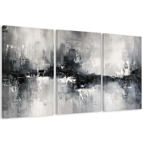 AVECCO Triptych Abstract Black White Gray Wrapped Canvas Wall Art 24x36 In | Gallery Wrapped Canvas, UV Fade-resistant Ink, Modern Minimalist, Ready to Hang, Living Room Office Decor, Housewarming Gift - color: Black, size: 36"L x 24"W