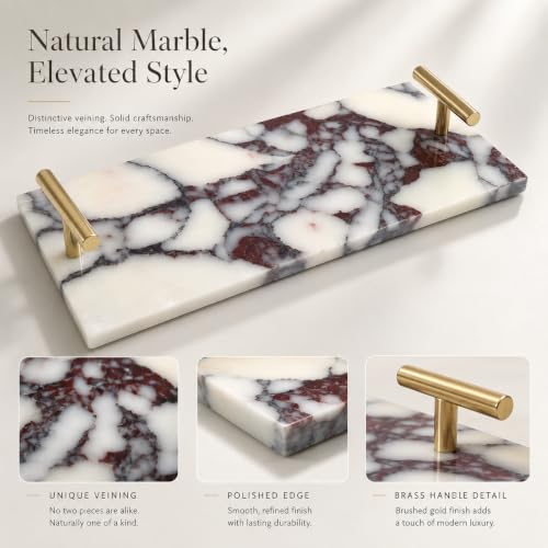 Calacatta Viola Marble Bathroom Tray with Gold Handles, Natural Stone Vanity Organizer for Towels and Essentials (with Handle 30x15cm) - color: With Handle 30x15cm