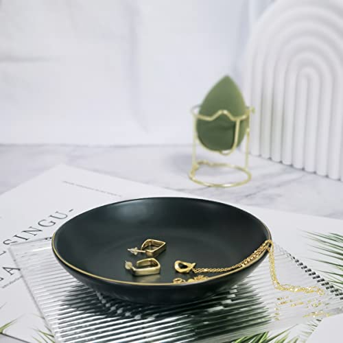 HANKOR 4.75" Ceramic Jewelry Tray, Small Ring Dish Holder Trinket Tray, Catch All Trays for Ring Earring Necklace Key, Christmas Gifts for Women Girls, Black - color: Black