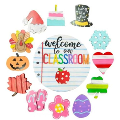 Welcome to Classroom Front Door Decoration Sign, Seasonal Door Sign | 12 inch Interchangeable Wooden Plaque for Classroom/Home, DIY Wall Decor for Christmas Holidays & Back-to-School,13 Patterns