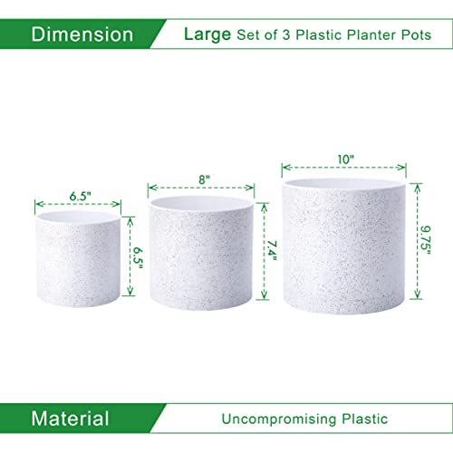 D'vine Dev 3-Pack Plastic Pots, 6.5/8/10 in, Speckled White, 74-V-E-4 | Multi-Size Options, Lightweight Durable, Matte Finish, Cylinder Shape, Drainage Holes, Sleek Design, Detachable Saucer - color: Speckled White, size: Large