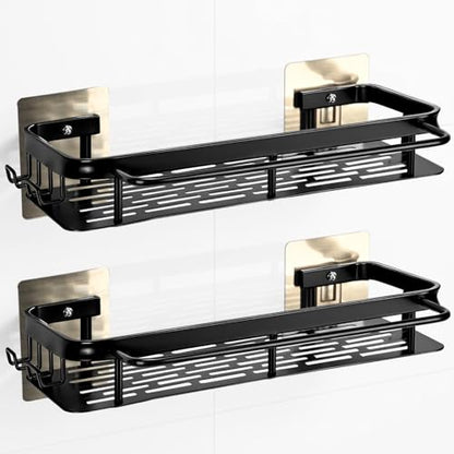 No-Drill Adhesive Shower Caddy, Black Aluminum Shelves 2-Pack | Heavy-duty rustproof shower organizer fits large bottles. Smooth safe edge & slatted fast-drain base with hooks, towel bar
