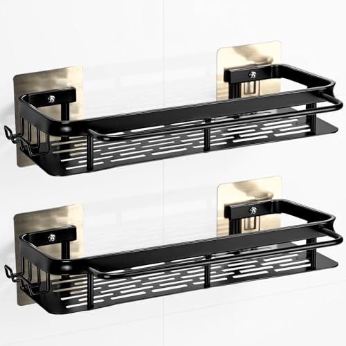 No-Drill Adhesive Shower Caddy, Black Aluminum Shelves 2-Pack | Heavy-duty rustproof shower organizer fits large bottles. Smooth safe edge & slatted fast-drain base with hooks, towel bar