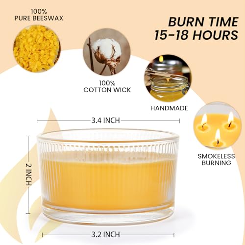 3-Pack 3-Wick Pure Beeswax Glass Jar Candle, Unscented, Natural Home Decor | Approx. 14H Burn, Cotton Wick, Lead-Free, Smokeless & Clean, Non-Toxic, Air Purifying, SPA & Gift Ready