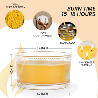 3-Pack 3-Wick Pure Beeswax Glass Jar Candle, Unscented, Natural Home Decor | Approx. 14H Burn, Cotton Wick, Lead-Free, Smokeless & Clean, Non-Toxic, Air Purifying, SPA & Gift Ready