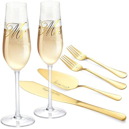 Wedding Cake Cutting Set, Champagne Flutes and Cake Knife | Cake Cutting Set for Wedding, Wedding Registry Must Haves, Bride And Groom Champagne Glasses for Wedding Gifts - color: MR & MRS Gold