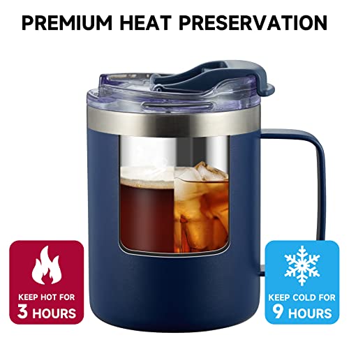 12oz Insulated Travel Coffee Mug with Handle, Navy | Stainless Steel Coffee Tumbler with Lid, Double Wall Vacuum Thermal Cup for Camping - color: Fliping Lid: Navy, size: 1 Count (Pack of 1)