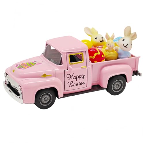 Pink Easter Truck Decorations Set - Vintage Farmhouse Metal Truck with 3 Easter Eggs and 3 Resin Bunny Figurines, Spring Farm Pickup Decor for Table Tiered Tray Home Kitchen Office Festival Gifts - color: Easter-pink