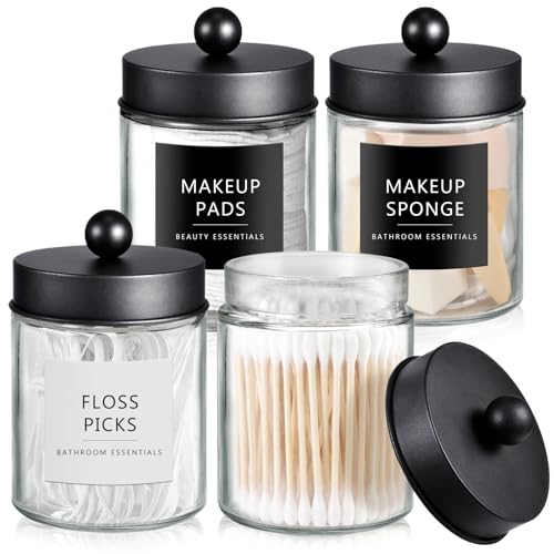 SheeChung 4 Pack Glass Qtip Holder with Matte Black Stainless Steel Lids | Apothecary Jars with Stickers, Modern Farmhouse Bathroom Vanity Organizer for Cotton Swabs, Balls, Pads - color: Black, size: 4 pack