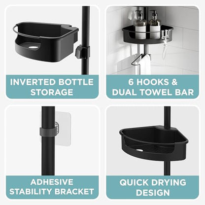 Zenna Home Tension Pole Shower Caddy Corner Organizer - Adjustable Standing Shower Caddy with 4 Baskets, 6 Hooks and Towel Bar, Rustproof Bathroom Tension Rod Organizer, 60 to 108 Inch, Matte Black