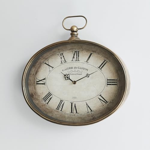 Large Decorative Wall Clock - 20 inch, Distressed Gold, Oval Pocket Watch Design, Roman Numerals, Battery Operated, Large Antique Style for Living Room, Kitchen, Bedroom Decor - size: 20''