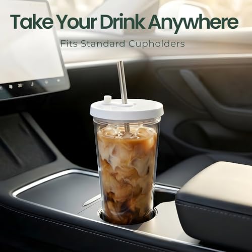 Reusable Iced Coffee Cup with Lid and Straw, 24 oz/Venti, BPA-Free Double-Wall Insulated Plastic Tumbler for Cold Drinks, Includes Clear Plastic Straw, Stainless Steel Straw and Cleaning Brush, White - color: White, size: 24 Ounces