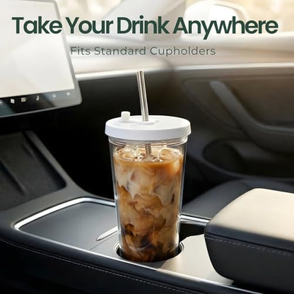 Reusable Iced Coffee Cup with Lid and Straw, 24 oz/Venti, BPA-Free Double-Wall Insulated Plastic Tumbler for Cold Drinks, Includes Clear Plastic Straw, Stainless Steel Straw and Cleaning Brush, White - color: White, size: 24 Ounces