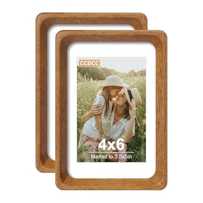 4x6 Picture Frame Set of 2, Natural Teak Wood Solid Wood 4 by 6 Photo Frames with 3.5x5 Mat with Real Glass for Wall and Tabletop Display - color: Natural Teak, size: 4x6-2Pack