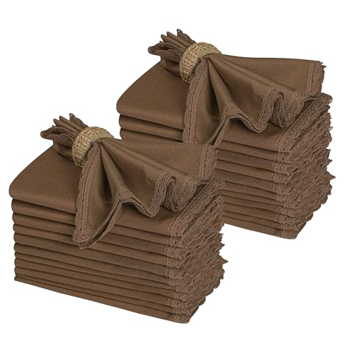 Ramanta Home Brown Linen Flax Cloth Napkins Set of 24, 18x18 Inches | Flax Lace Cotton Linen Reusable Decorative Scalloped Dinner Napkins with Mitered Corners for Weddings, Everyday Use - color: Brown, size: 18" x 18" (Set of 24)