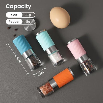 VEVOK CHEF Small Salt and Pepper Grinder 4Pcs Portable Mini Glass Salt Spices Grinder Ceramic Salt Black Pepper Shakers Tiny Pepper Mill Salt Grinder for Travel Lunch Box Kitchen Gift - color: colorful