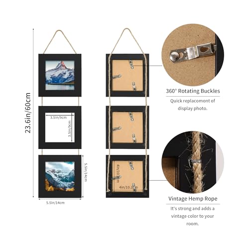 4x4 Collage Picture Frames Set of 2, Rustic Wooden Real Glass Vertical Hanging 3 Opening 4 by 4 Photo Frame, Black - color: Black, size: Vertical-4x4 in
