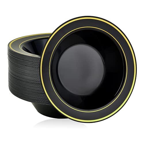 50PCS 12oz Black Disposable Plastic Soup Bowls with Gold Rim | Plastic Bowls for Christmas Thanksgiving Premium Disposable Soup Dessert Salad Bowls for Wedding/Party/Halloween - color: Black, style: 50Count
