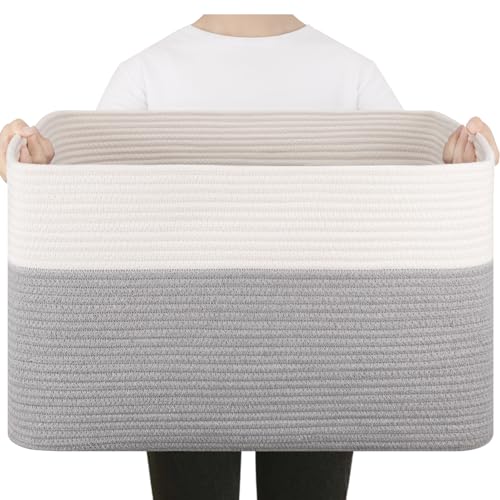 75L Large Cotton Rope Basket, Soft Toy Storage Bin for Nursery & Living Room, Decorative Blanket Basket for Bedroom, Baby-Safe Organizer for Pillows &Laundry, 22''×17''×12'', Grey and White - color: Grey & White, size: 75L