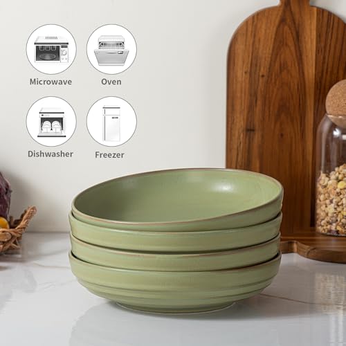 HAPPY KIT Stoneware 9'' Pasta Bowls 42oz Set of 4, Meadow Green | 42 Oz, Stoneware, Reactive Glaze, Scratch Resistant - color: MeadowGreen
