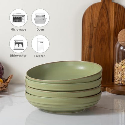 HAPPY KIT Stoneware 9'' Pasta Bowls 42oz Set of 4, Meadow Green | 42 Oz, Stoneware, Reactive Glaze, Scratch Resistant - color: MeadowGreen