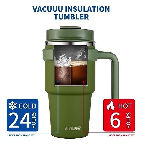 20 oz Insulated Travel Coffee Mug Tumbler with Handle and Straw | Leakproof Stainless Steel Coffee Cup with Lid, Double Wall Vacuum Ice Thermal Cup, Army Green - color: Army Green, size: 20 Ounces