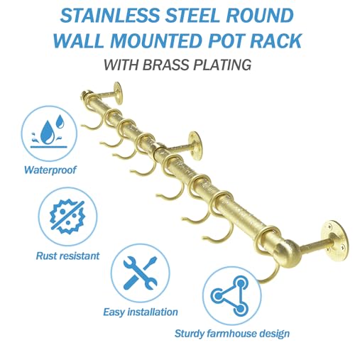 ROTHLEY Stainless Steel Hanging Pot Rack Hanger: 23.7 Inch Brass Pot and Pan Hanger Wall Mounted Hanging Pot Bar Rack Heavy Duty Pot Hangers Kitchen Rail with 8 S Hooks - color: Brass, size: 23.7 inch