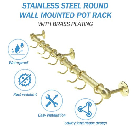 ROTHLEY Stainless Steel Hanging Pot Rack Hanger: 23.7 Inch Brass Pot and Pan Hanger Wall Mounted Hanging Pot Bar Rack Heavy Duty Pot Hangers Kitchen Rail with 8 S Hooks - color: Brass, size: 23.7 inch