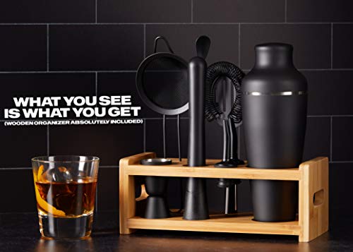 9-Piece Cocktail Shaker Bartender Kit with Stand, Matte Black Bar Tools | Boston Shaker, Mixing Spoon, Muddler, Measuring Jigger, Mesh & Regular Strainer, Liquor Pourers & More Professional Tools