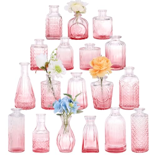 18pcs Pink Glass Bud Vase Set, Small Flower Vases for Centerpieces in Bulk | Mini Bulk Vintage Glass Vase for Centerpieces, Decorative Flower Vases for Wedding Home Table Decor - color: Pink, size: 18pcs