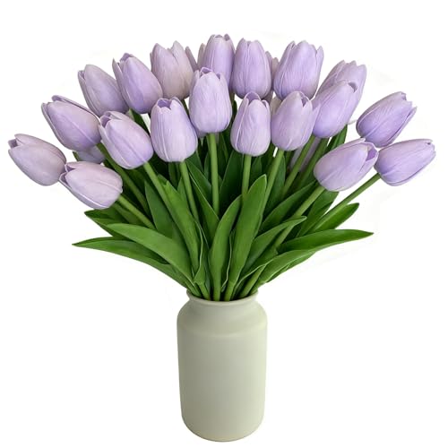 Light Purple Artificial Tulips, 20 Pcs PU Real Touch Faux Flowers | 13.5" tall, 20 bendable stems, fake flowers for spring, wedding centerpiece, home, kitchen, vase, DIY bouquet - color: Light Purple