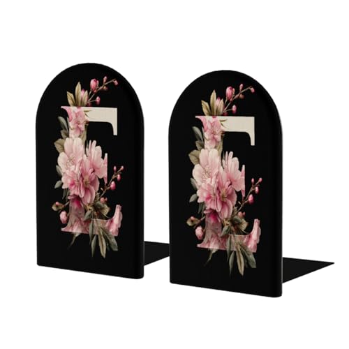 Wood Book Ends for Shelves Pink Floral Alphabet E On Black Bookends for Heavy Books CDs Organizer Decorative Wooden Book Stopper Holders for Home Office Desk,5.1x3.1x4in Set of 2 - color: Floral E, size: 5.1x3.1x4inx2PCS