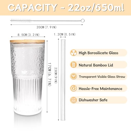 ANOTION 4Pcs 22 oz Iced Coffee Cups Drinking Glasses Iced Coffee Cup | Smoothie Cup Glass Tumbler Water Glasses Ribbed Glassware - color: Transparent