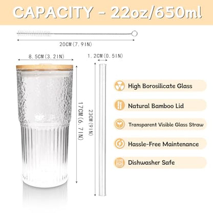 ANOTION 4Pcs 22 oz Iced Coffee Cups Drinking Glasses Iced Coffee Cup | Smoothie Cup Glass Tumbler Water Glasses Ribbed Glassware - color: Transparent