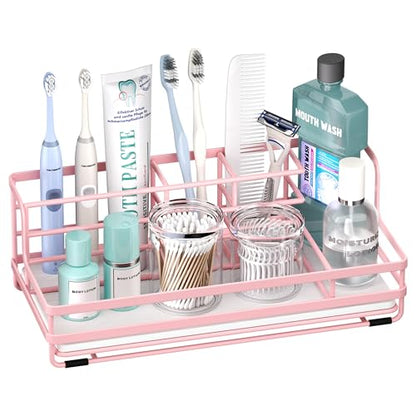 HapiRm Toothbrush Holders for Bathroom - 5 Partitions Bathroom Counter Organizer with Instant Drying Stone, Stainless Steel Countertop Storage Electric Toothbrush Toothpaste Holder - Pink - color: Pink