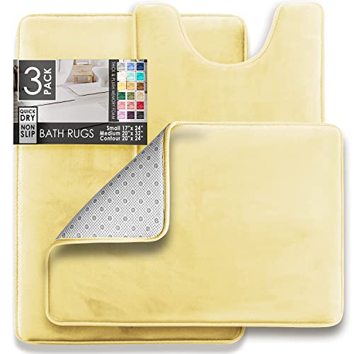 Clara Clark 3 Piece Bathroom Rugs Bath Mat Set, Velvet Memory Foam Bath Mats for Bathroom - Non-Slip, PVC Backing Bath Rugs, Washable - Dries Quickly, Yellow - color: Mellow Yellow