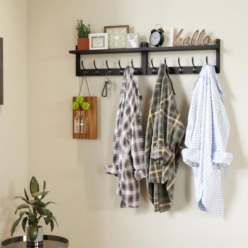 AMBIRD 34.2" Extra Long Wooden Wall Hook Rack with Shelf - Versatile and Decorative Wall-Mounted Storage with 10 Hooks for Coats, Hats, Keys - Ideal for Entryways, Bedrooms, Closets (Stylish Black) - size: 34.2 inch, style: Stylish