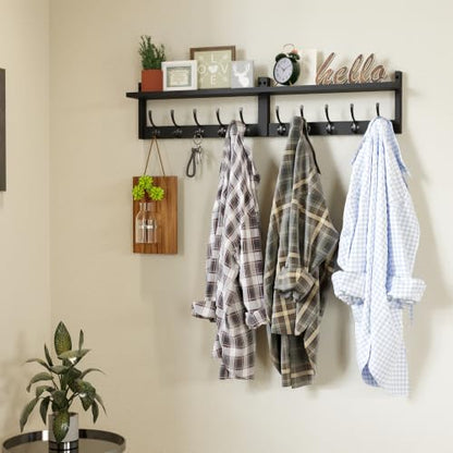 AMBIRD 34.2" Extra Long Wooden Wall Hook Rack with Shelf - Versatile and Decorative Wall-Mounted Storage with 10 Hooks for Coats, Hats, Keys - Ideal for Entryways, Bedrooms, Closets (Stylish Black) - size: 34.2 inch, style: Stylish