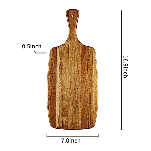 Acacia Wood Cutting Board and Cheese Board with Handle for Braed, Chopping Board, Meat, Fruits and Charcuterie - Decorative Wooden Serving Board for Kitchen, 17x7 Inch - size: 16.9"L x 7"W