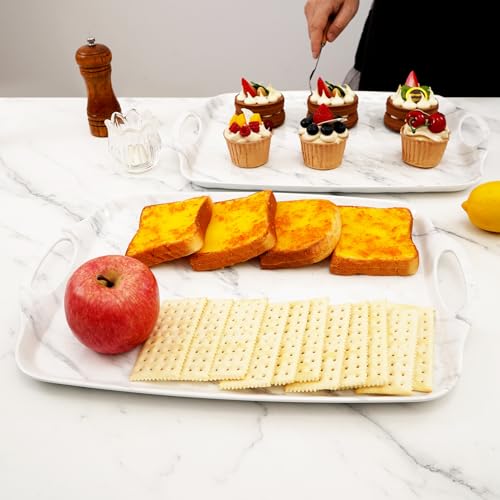 TP Melamine Serving Trays with Handles, 19" x 12", Set of 2, White Marble | Large Rectangular Trays, Serving platters, Turkey and Party Serving, Lightweight, Break-resistant - color: White Marble, size: 19" x 12"