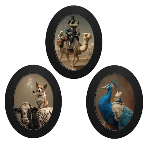 3Pcs Funny Animal Oval Wall Art Framed Whimsical Cute Vintage Decor | Fun Riding Animal Canvas Prints Hanging Decor for Home Farmhouse Living Room Bedroom Wall Art - color: color-T