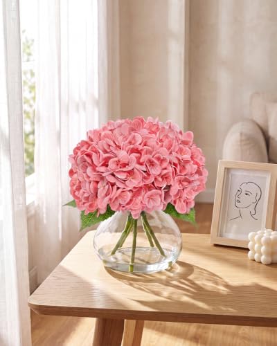 Hydrangea Artificial Flowers with Vase, Real Touch Latex, Pink | Lifelike Faux Water, Nearly Natural Leaves, Durable & Fade-Resistant, Home Office Table Centerpiece Decor - color: Pink