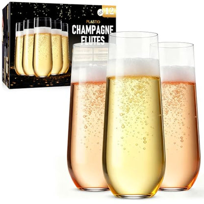 Guanqiao 12 Pack Stemless Plastic Champagne Flutes, 9 oz Clear Disposable Plastic Glasses, Heavy Duty Shatterproof Recyclable Mimosa Glasses for Party Wine Tasting Wedding New Years Eve Party Supplies - color: Clear, size: 12-Pack
