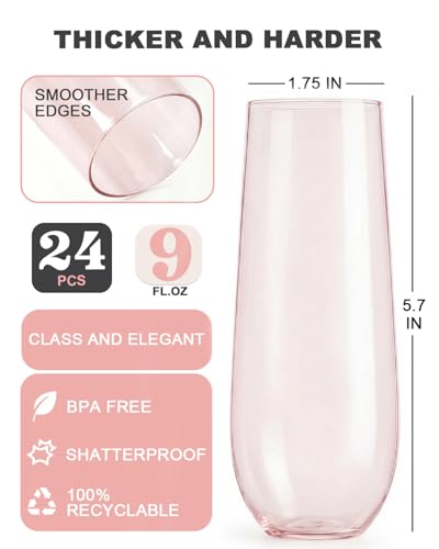 24 Pack Plastic Champagne Flutes, 9 Oz Disposable Wine Mimosa Glasses | Stemless Champagne Flutes Cocktail Glasses, Plastic Party Cups for Bridal Shower Bachelorette Party (Pink) - color: Pink-24 Pack